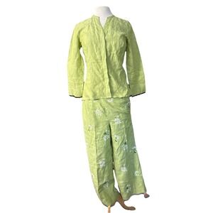Vtg Talbots 100% Irish Linen Sz 4 Set Shirt Pants Daisy Embroidered Floral Green